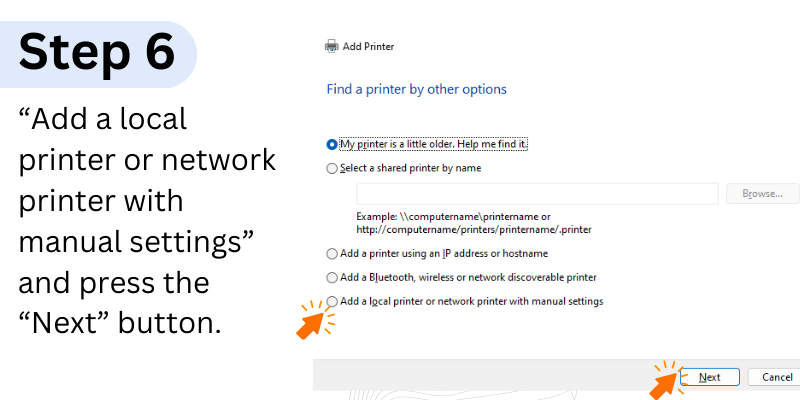 Add a local printer or network printer with manual settings